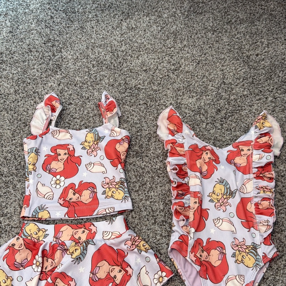 Kids Red Ariel Print Two-Piece Tankini and Ruffle One-Piece Swimsuit Set